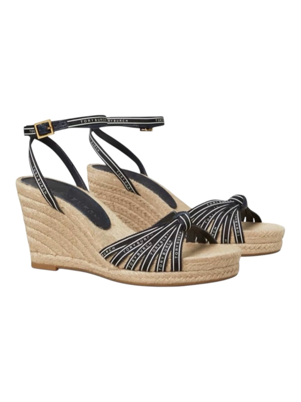 TORY BURCH Perfect Navy/New Ivory Ribbon Wedge Espadrilles